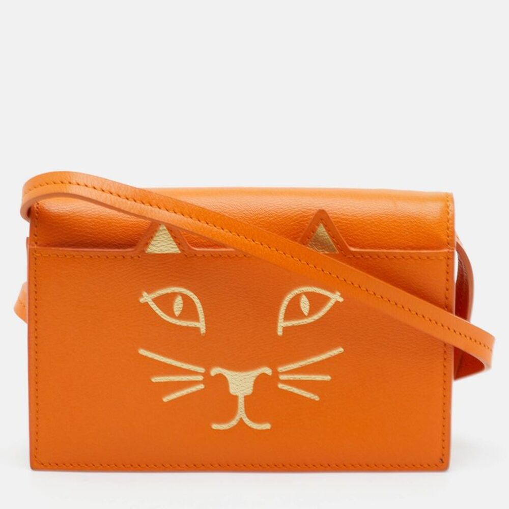 Charlotte Olympia Feline Orange Leather Flap Shoulder Bag